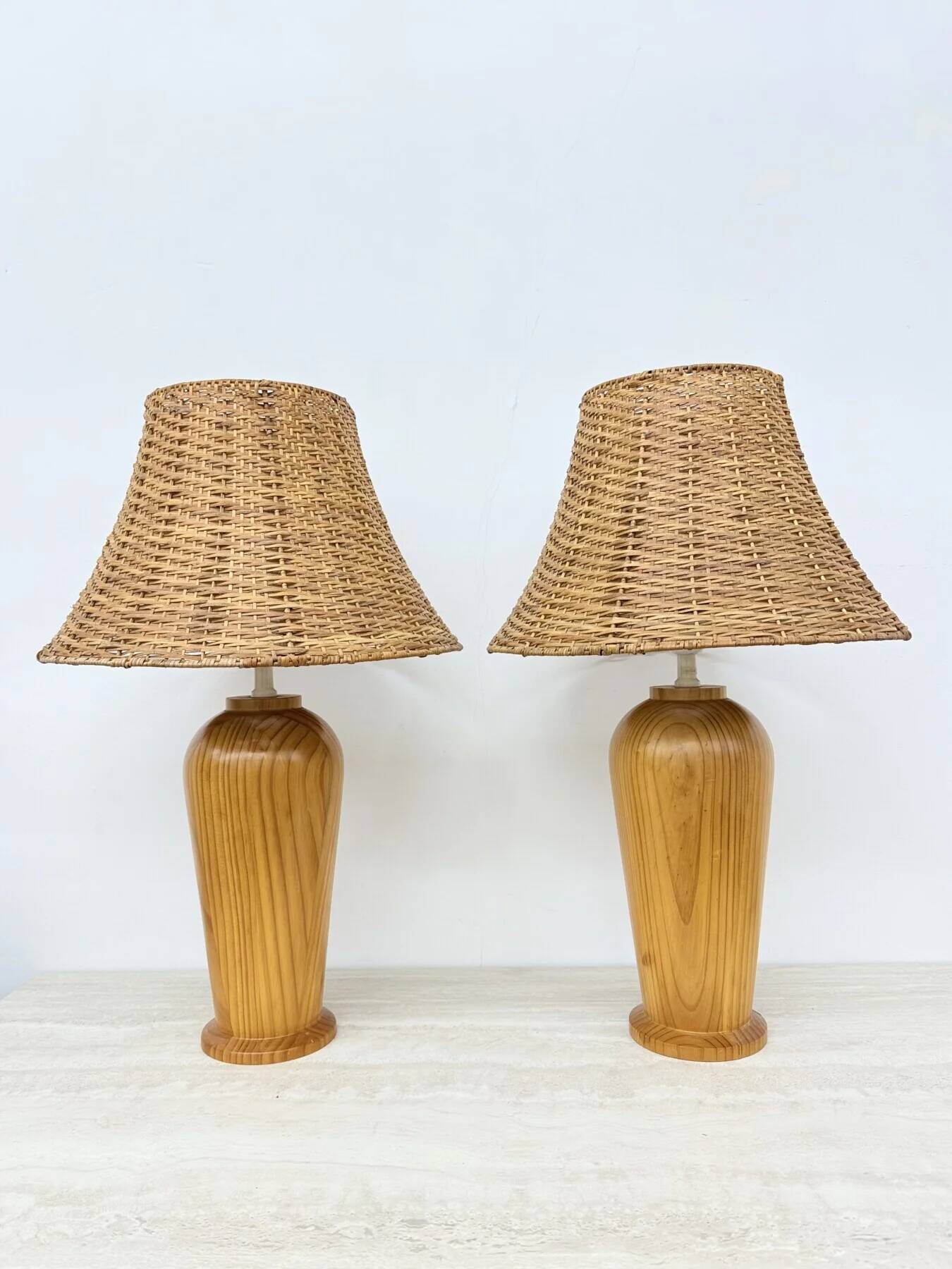 Vintage Ikea solid wooden table lamps with rattan shade, 1980s