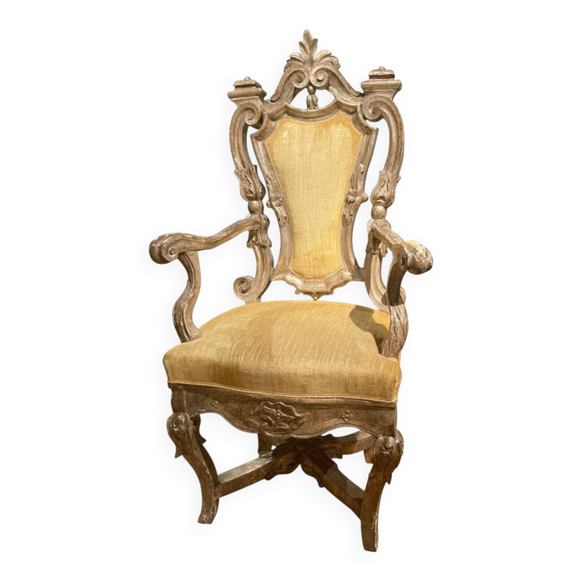 Italian Rococo Silver Mecca Giltwood Throne Armchair, Rome, 18th Century