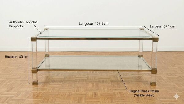 Table basse Hollywood Regency en Plexiglas et Laiton – Design 1970