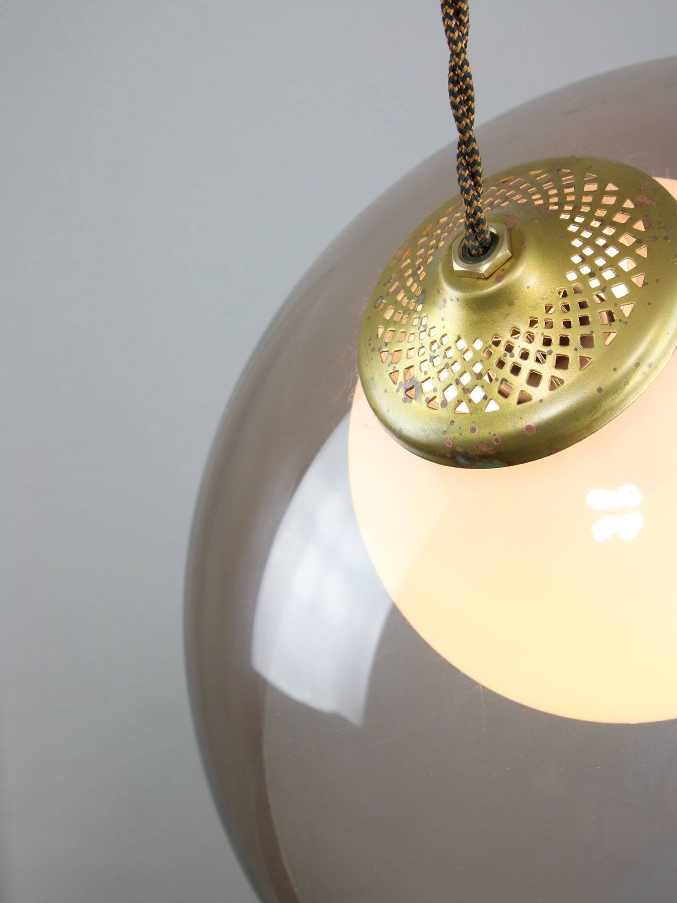 Space-age italian brass, opaline and plexiglass pendant lamp