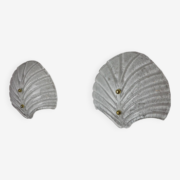 Pair of XL shell wall lights, frosted Murano glass, Italy, 1980
