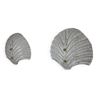 Pair of XL shell wall lights, frosted Murano glass, Italy, 1980