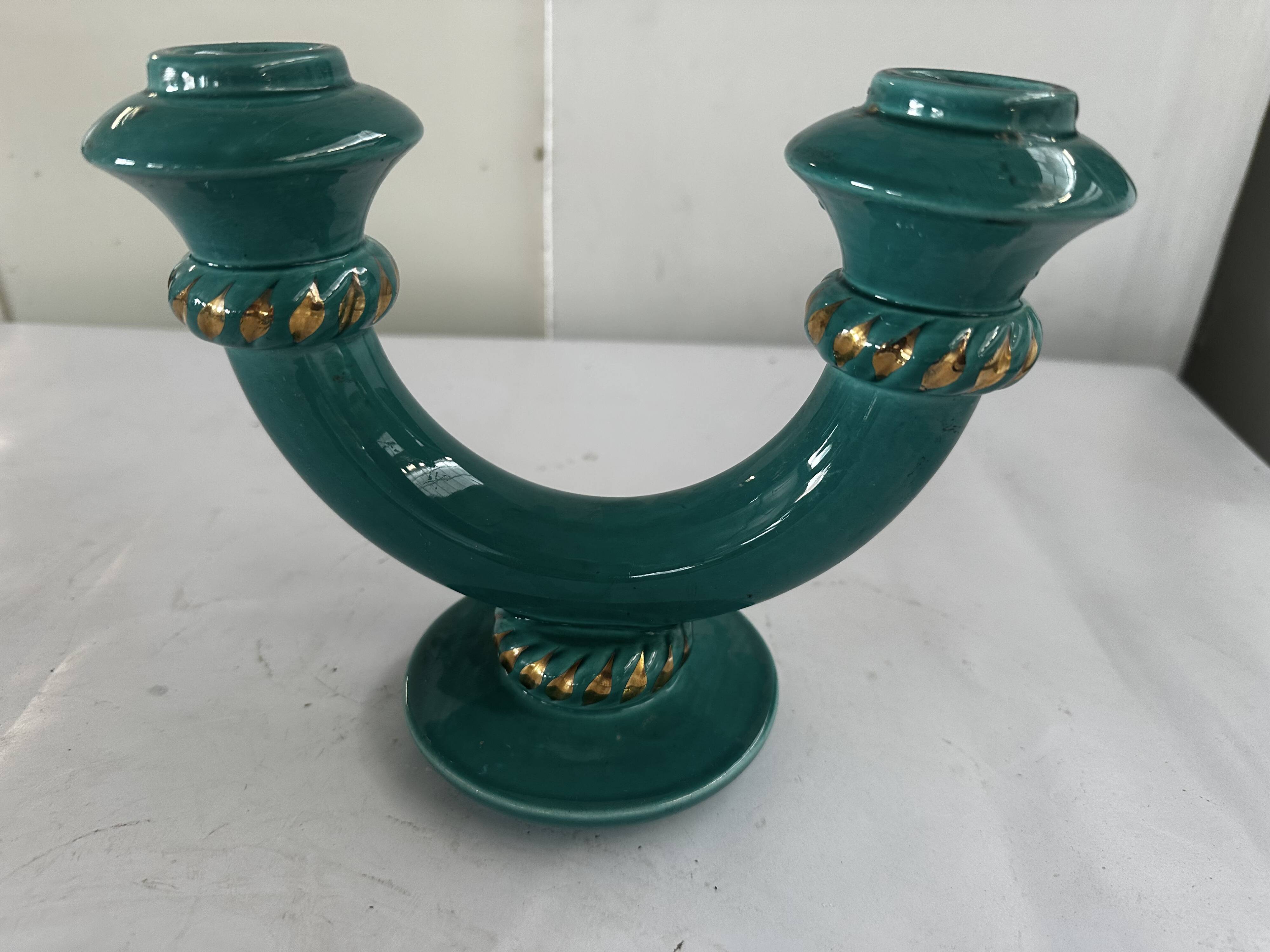 Art Deco candlestick in green and gold glazed ceramic, attributed to Vallauris