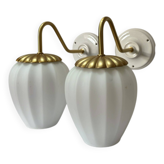 Pair of white pleated globe wall lights