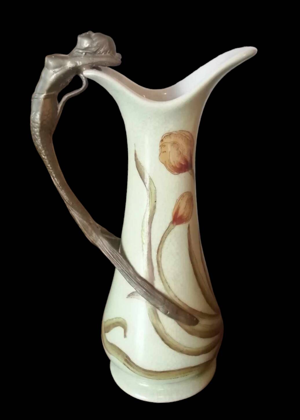 Ancienne carafe Art Nouveau céramique et anse bronze décor sirène/Anno 1906