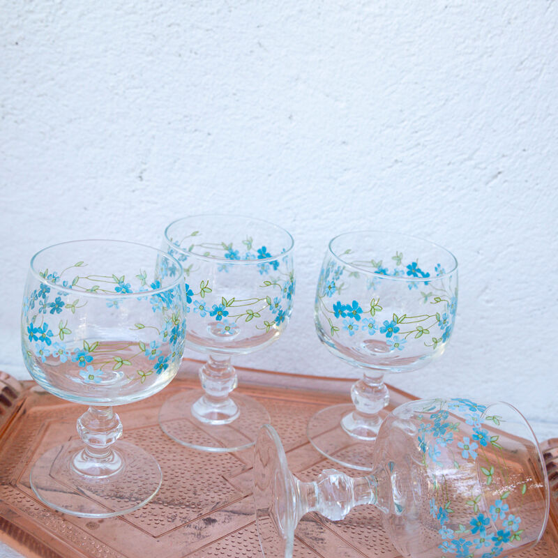 4 verres à pied a décor de myosotis