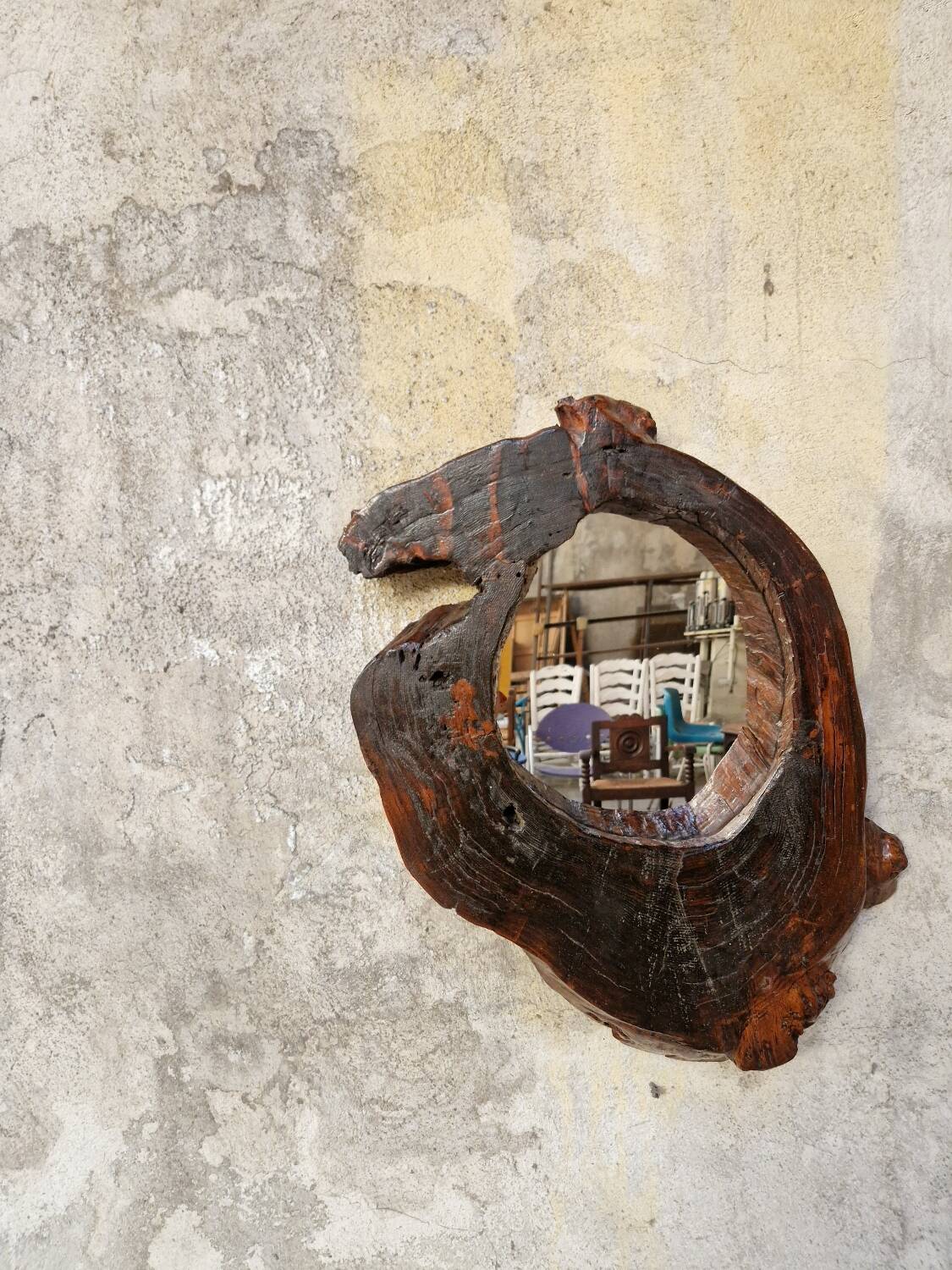 Brutalist mirror, solid elm, 1960.