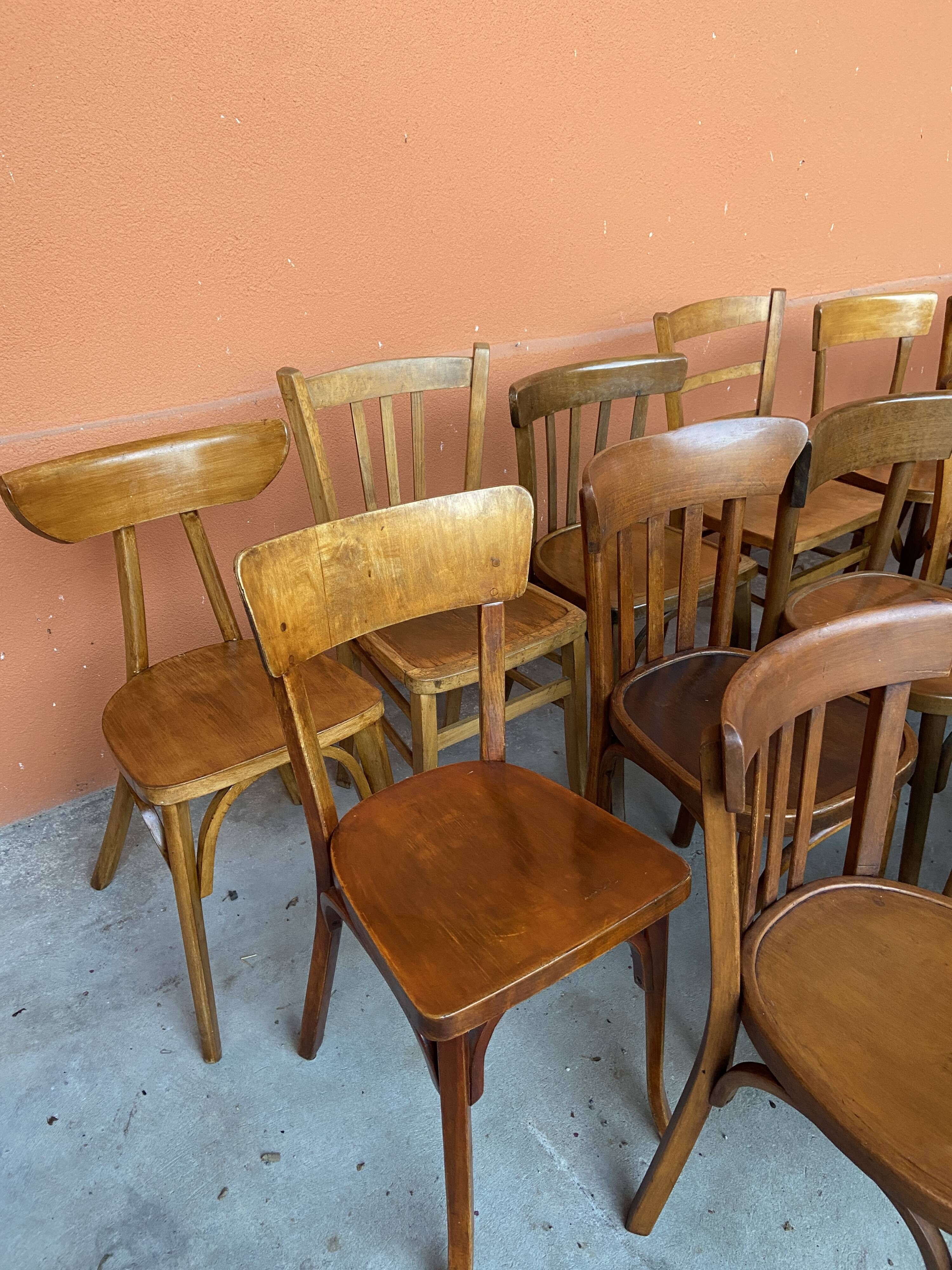 Set of 30 mismatched bistro chairs French Restaurant curved wood