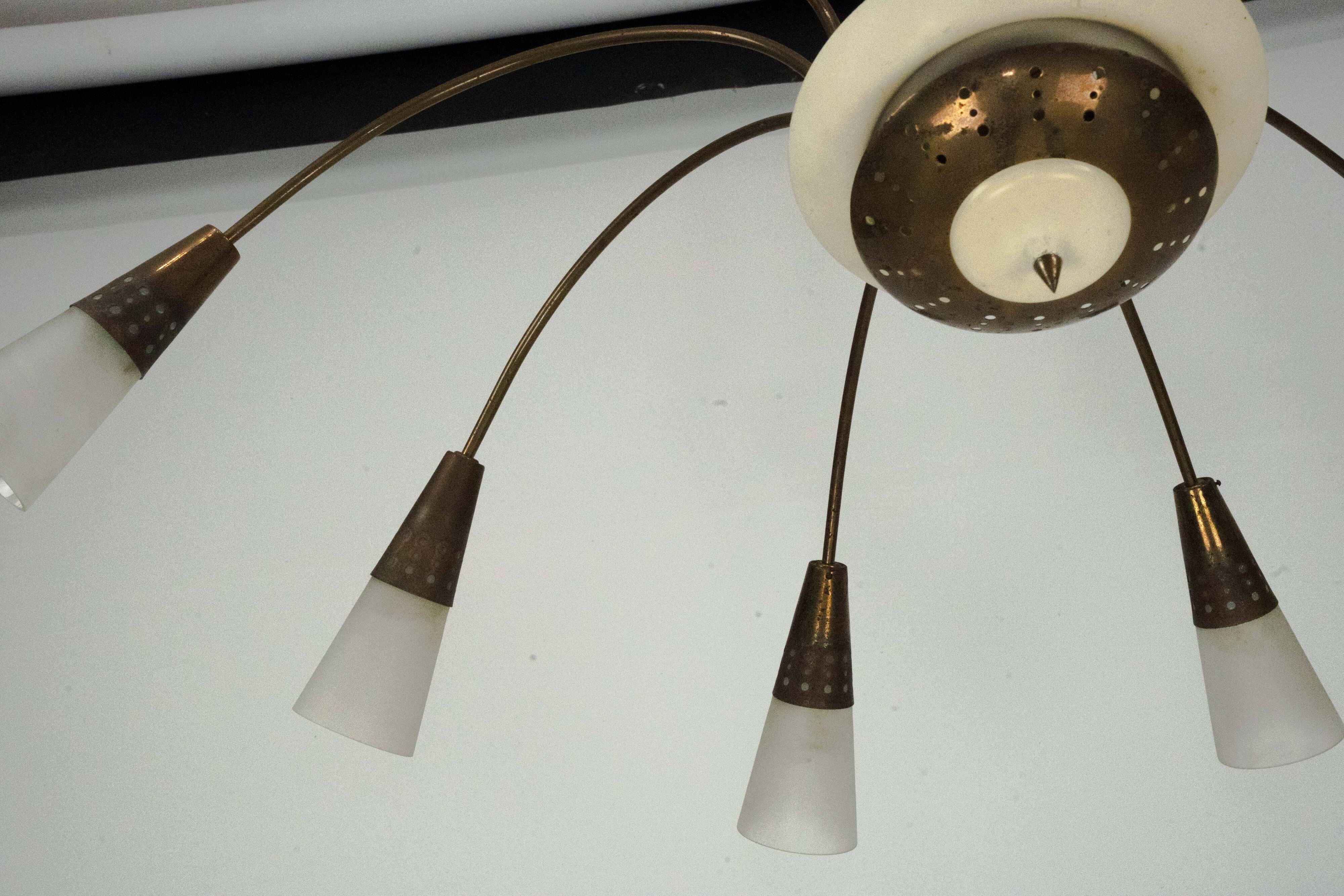 Large Italian Mid-Century Sputnik Brass Chandelier with Satin Glass, 1950s