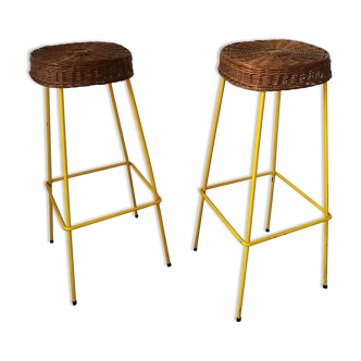 Pair of high iron and rattan bar stools