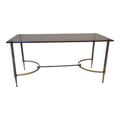 Table Basse Française en Laiton avec Plateau en Verre Fumé, 1950s