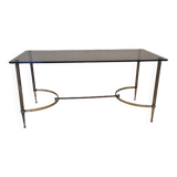 Table Basse Française en Laiton avec Plateau en Verre Fumé, 1950s