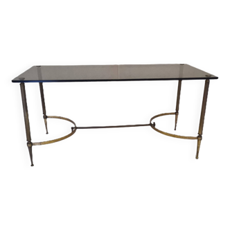 Table Basse Française en Laiton avec Plateau en Verre Fumé, 1950s