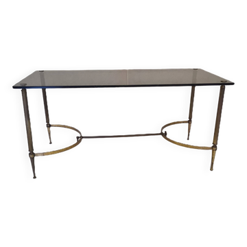 Table Basse Française en Laiton avec Plateau en Verre Fumé, 1950s