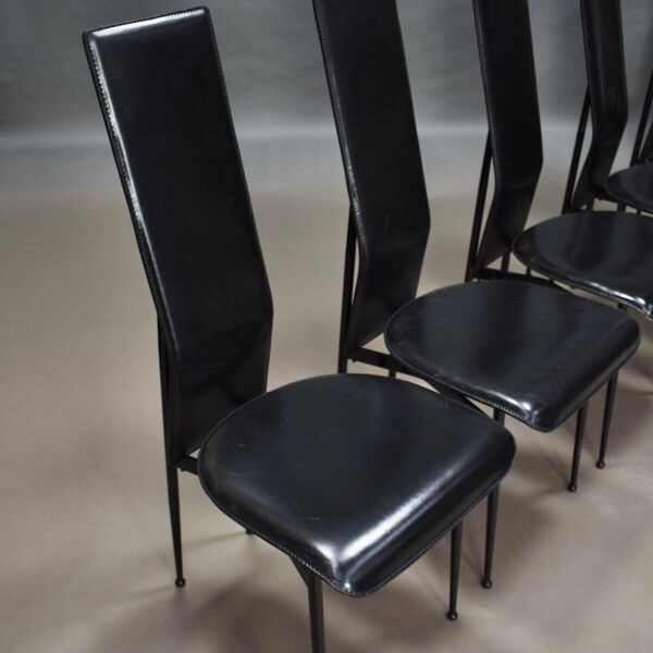 Chaises de salle à manger en cuir noir par Giancarlo Vegni et Gualtierotti pour Fasem, Italie, années 1980, ensemble de 6.