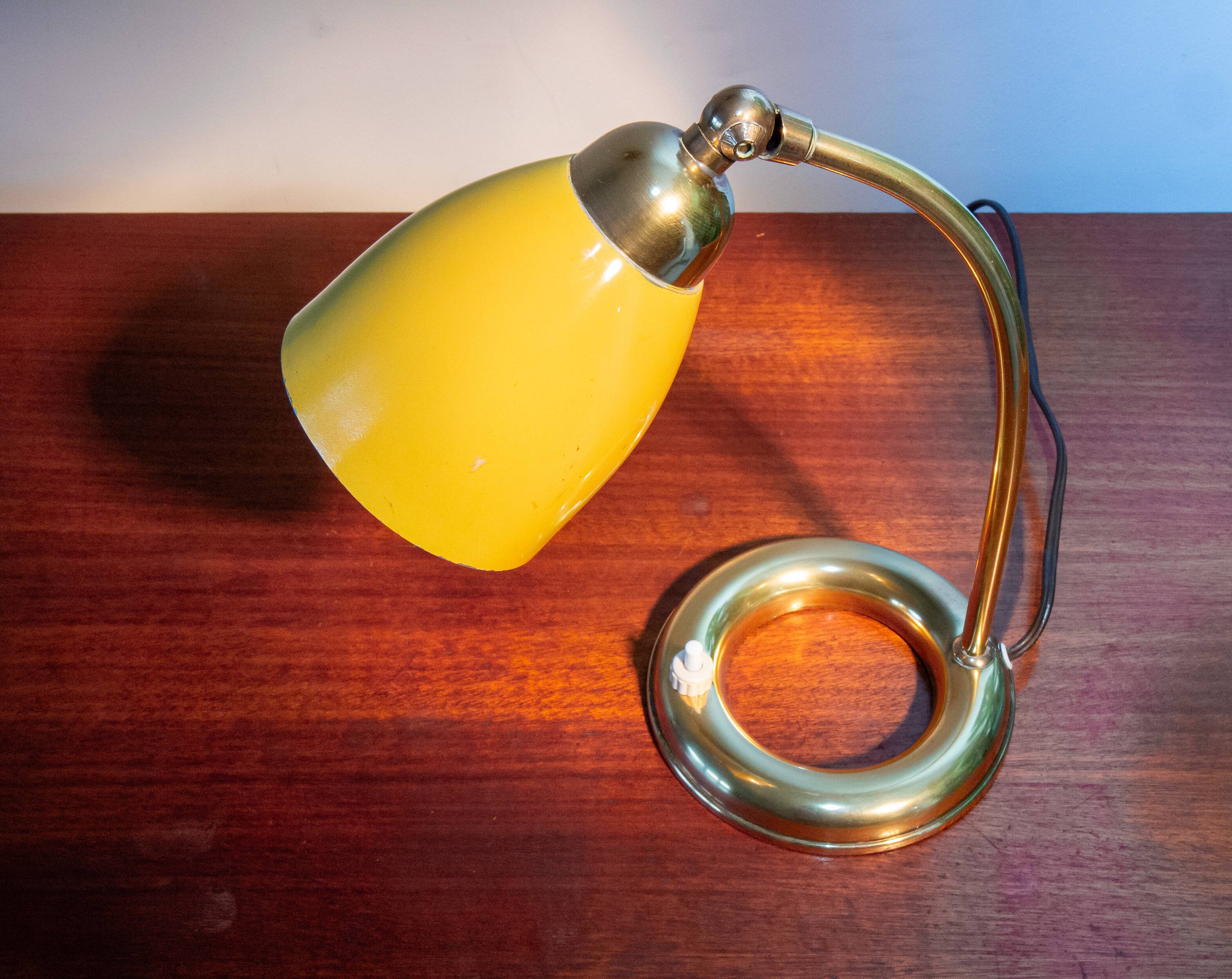 1950s brass and mustard metal lamp, superb