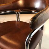 Pair of vintage armchairs, cognac leather and chrome steel 1970