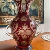Engraved bohemian ruby crystal vase