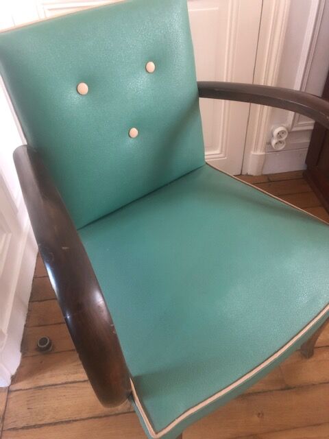 2 wooden and green skai club bridge armchairs