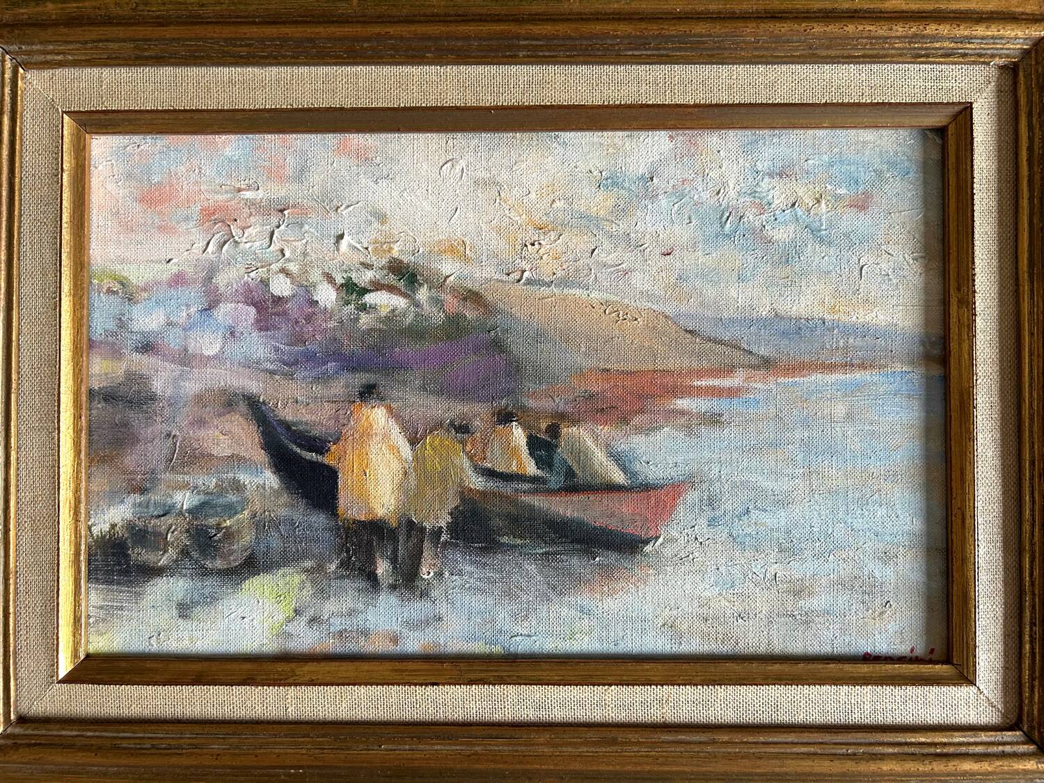 Oil on canvas "The Fishermen and the Doris" by Claude Persini. 20th century.
