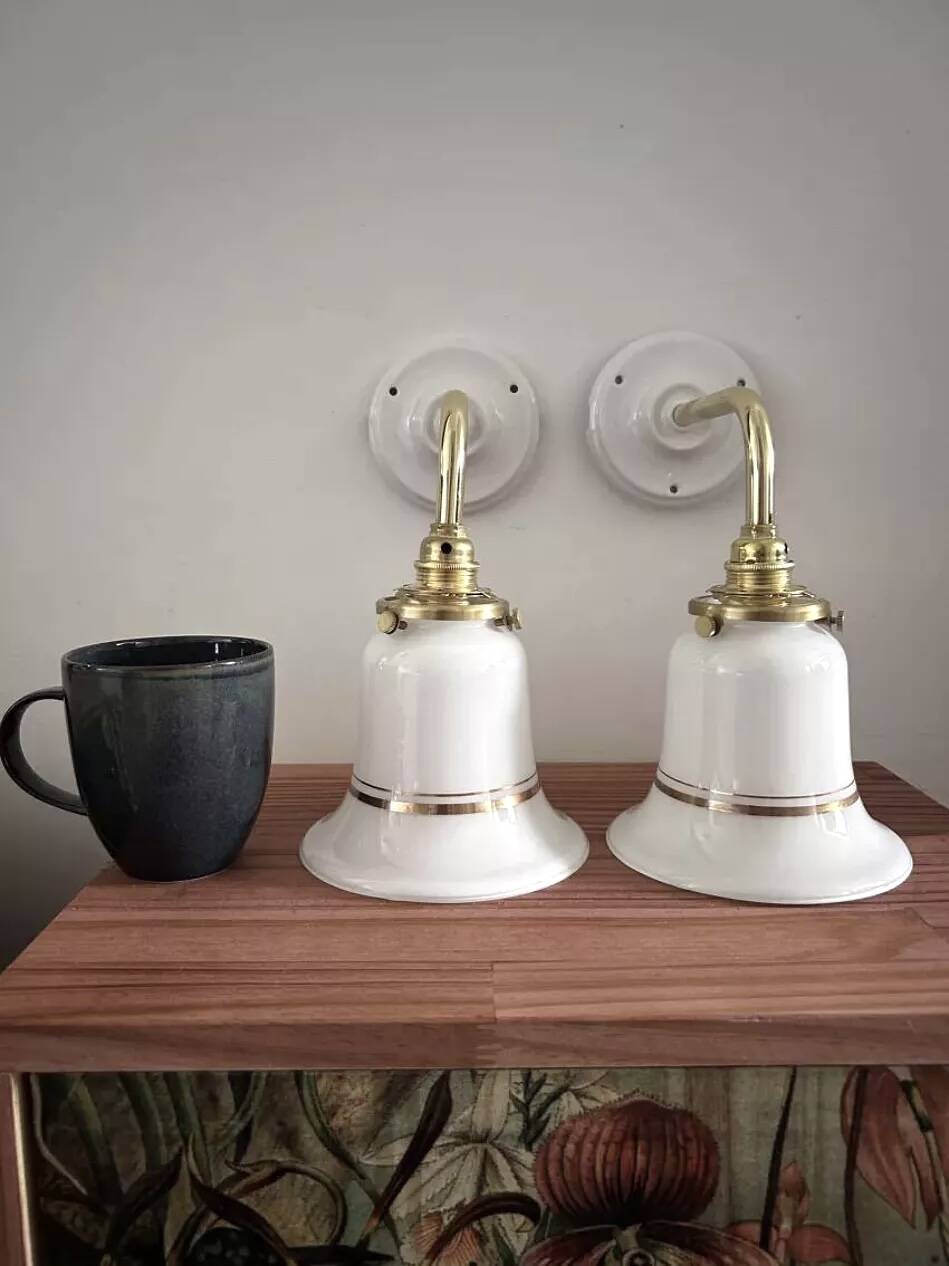 Pair of white opaline and ceramic wall lights