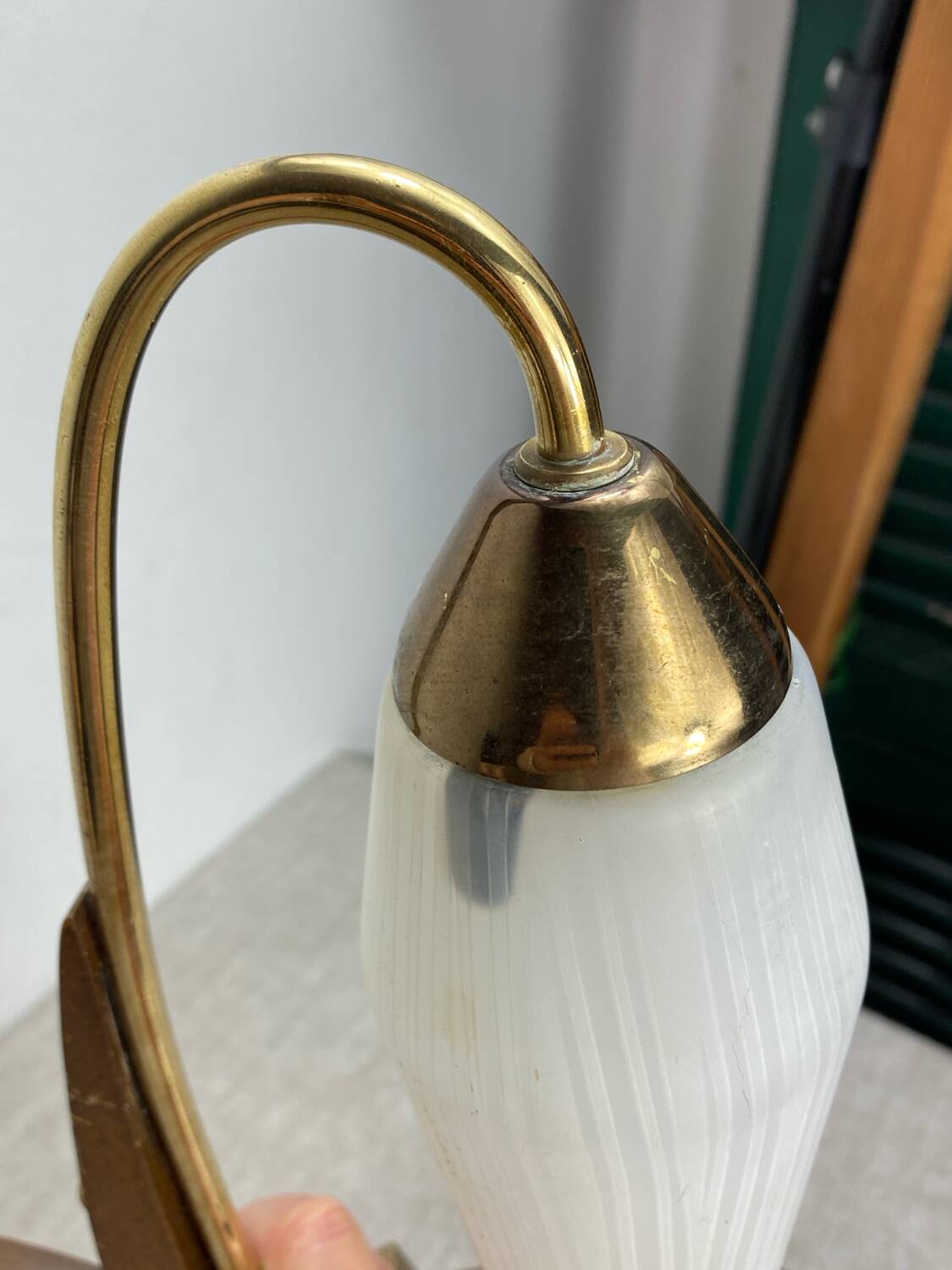 Pair of wall lights in brass, wood and opaline glass, 1950s/60s