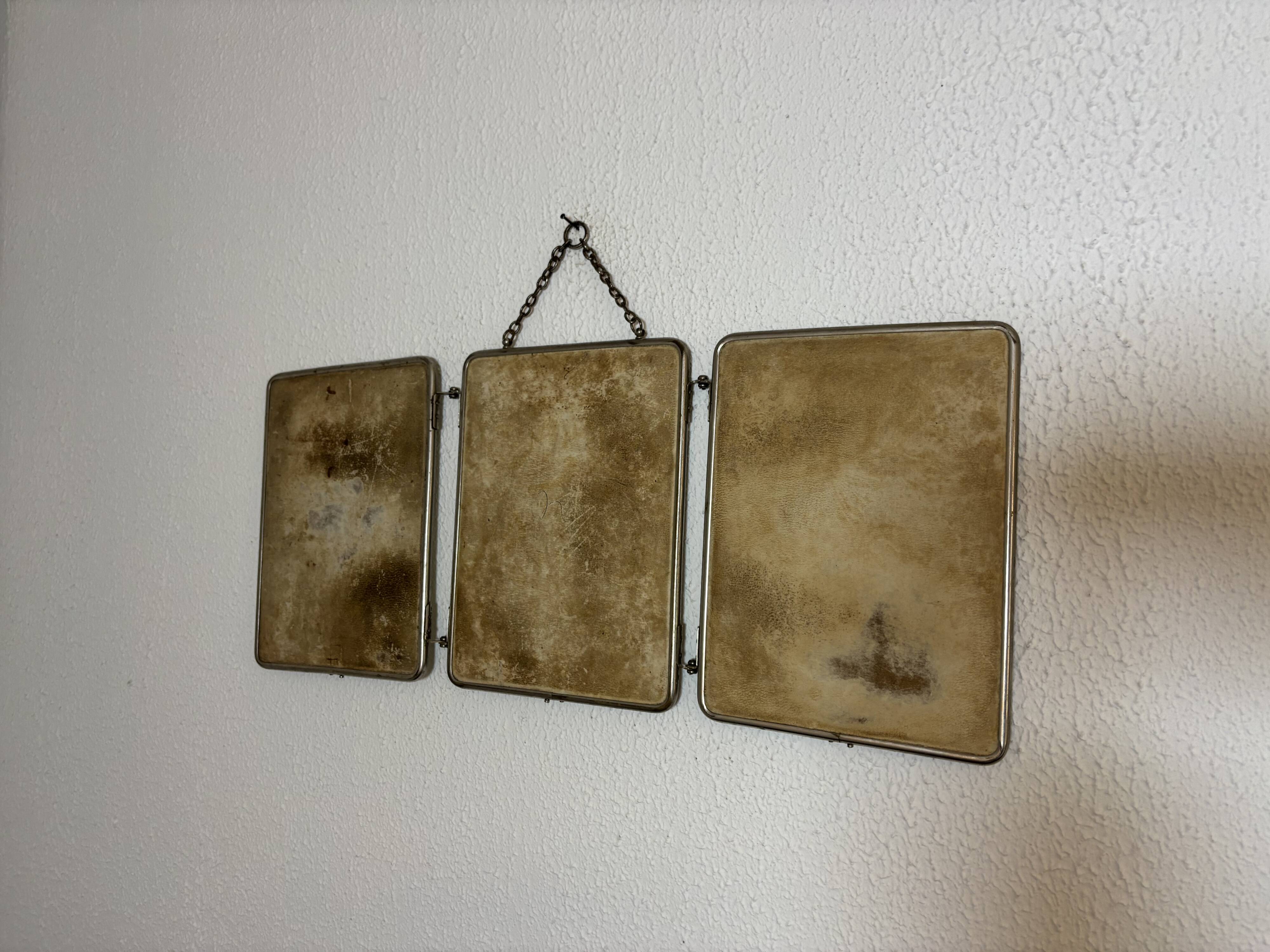 Vintage 1930s triptych barber mirror, beveled black crystal - 25 x 59 cm