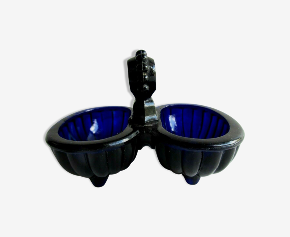 Salière art déco panier verre noir ou bleu cobalt par transparence, portieux?