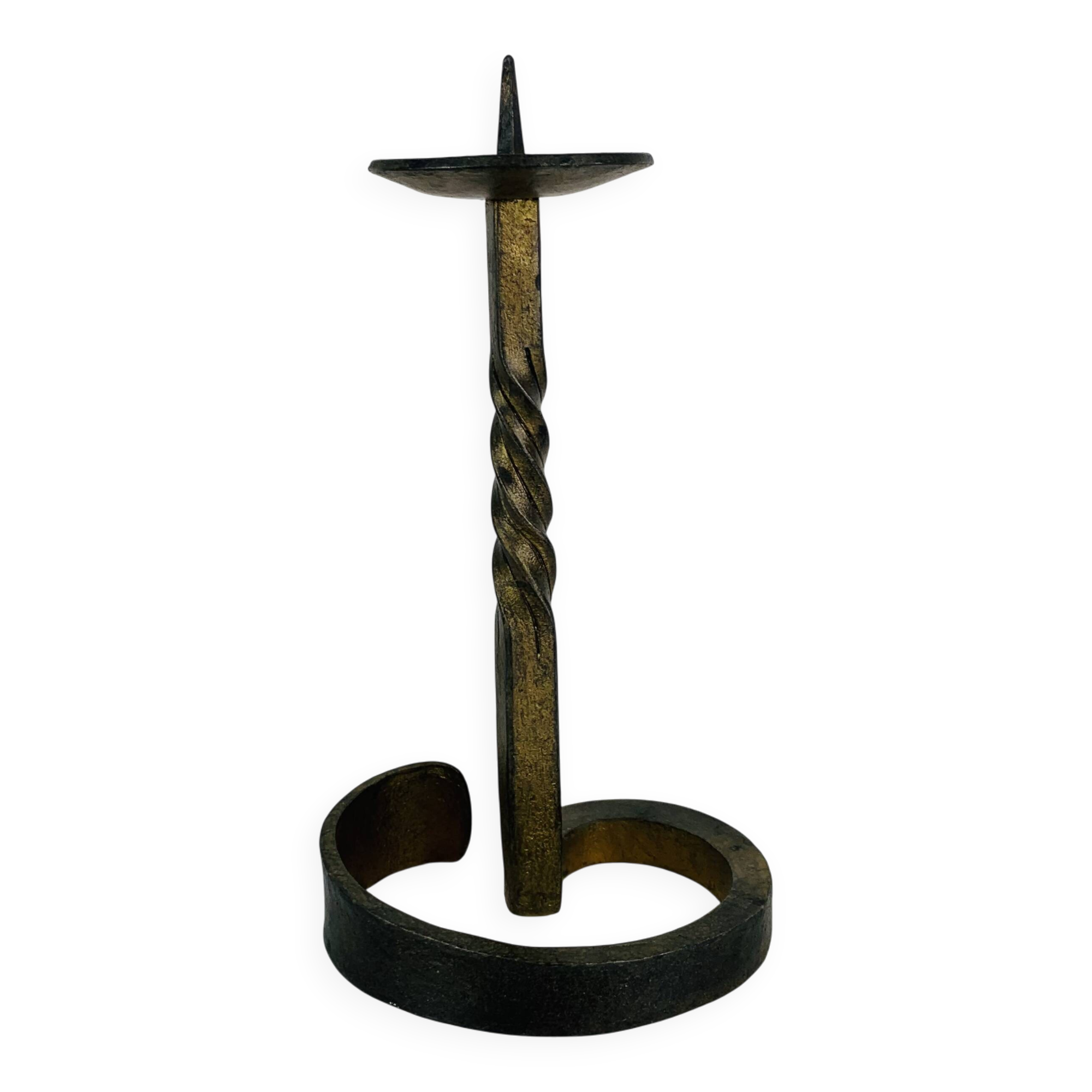 Brutalist candle holder, wrought iron with a golden patina.