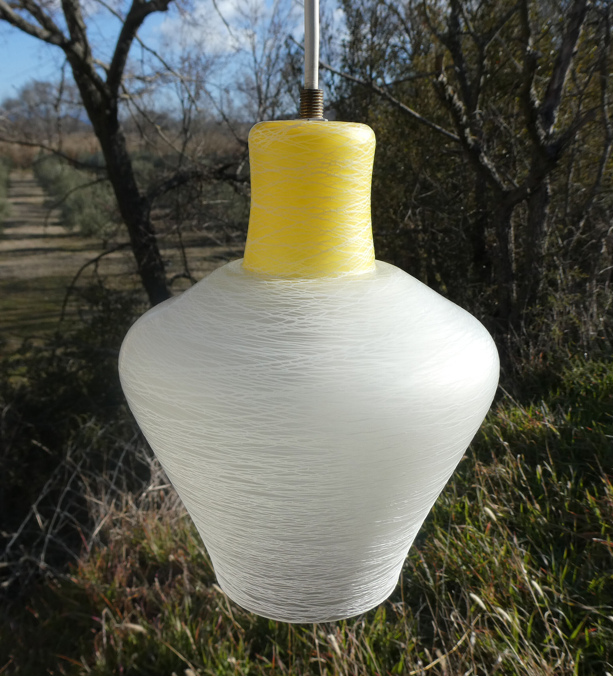 white and yellow vintage textured glass pendant lamp 50s