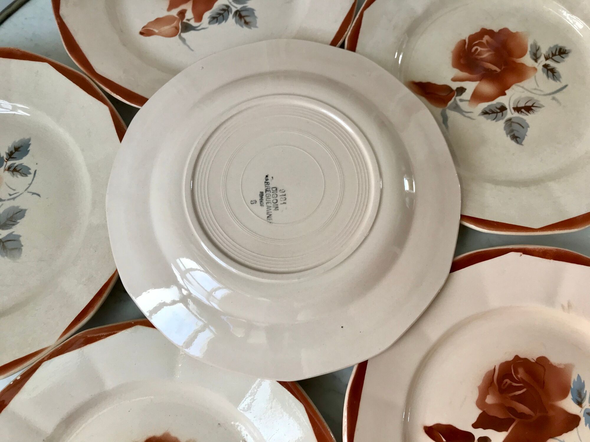 Set of 6 flat plates Digoin Sarreguemines pink flowers years 30-40