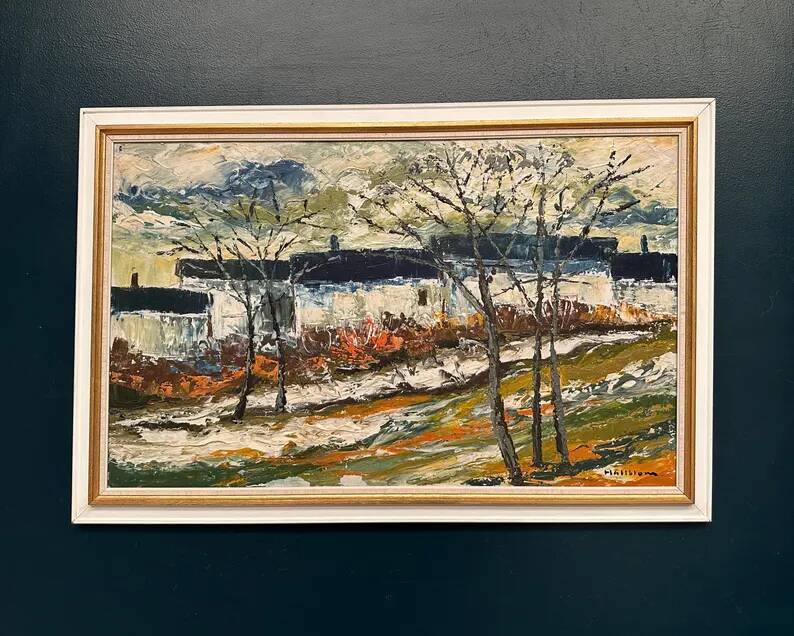 Large Original Swedish Oil on Panel – “Landscape with Houses and Trees” by Stig Hallblom – Signed – Vintage & Framed 90×59.5cm (35.4"×23.4")