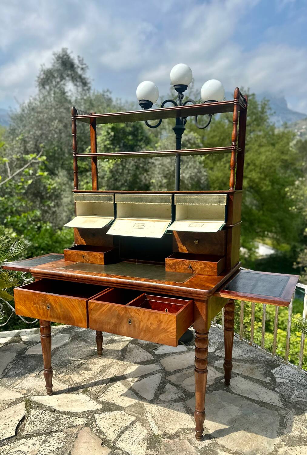 19th century flamed mahogany stepped desk