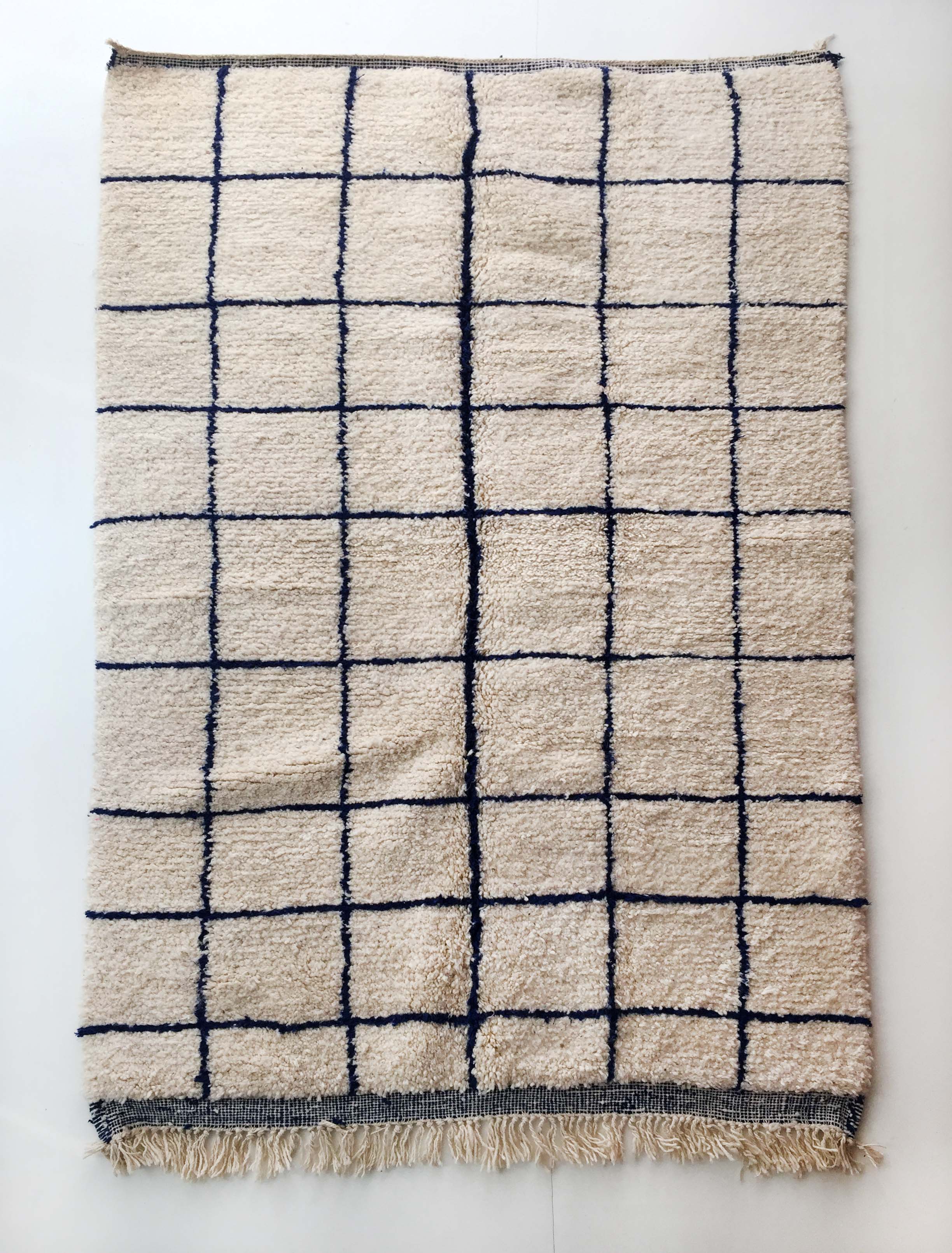 Moroccan Berber carpet Beni Ouarain unbleached with blue checkers majorelle 254x152cm