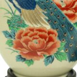 Pair of Japanese Vases Peacocks Flowers Crackle Ceramic 26cm