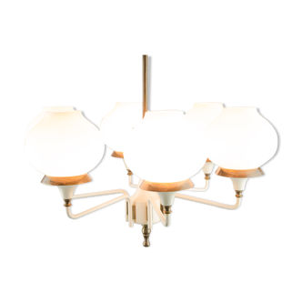 Lacquered metal chandelier, brass and frosted opalin glass 6 fires 1950