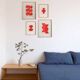 Collection de 4 peintures abstraites rouges sur papier signées Eawy