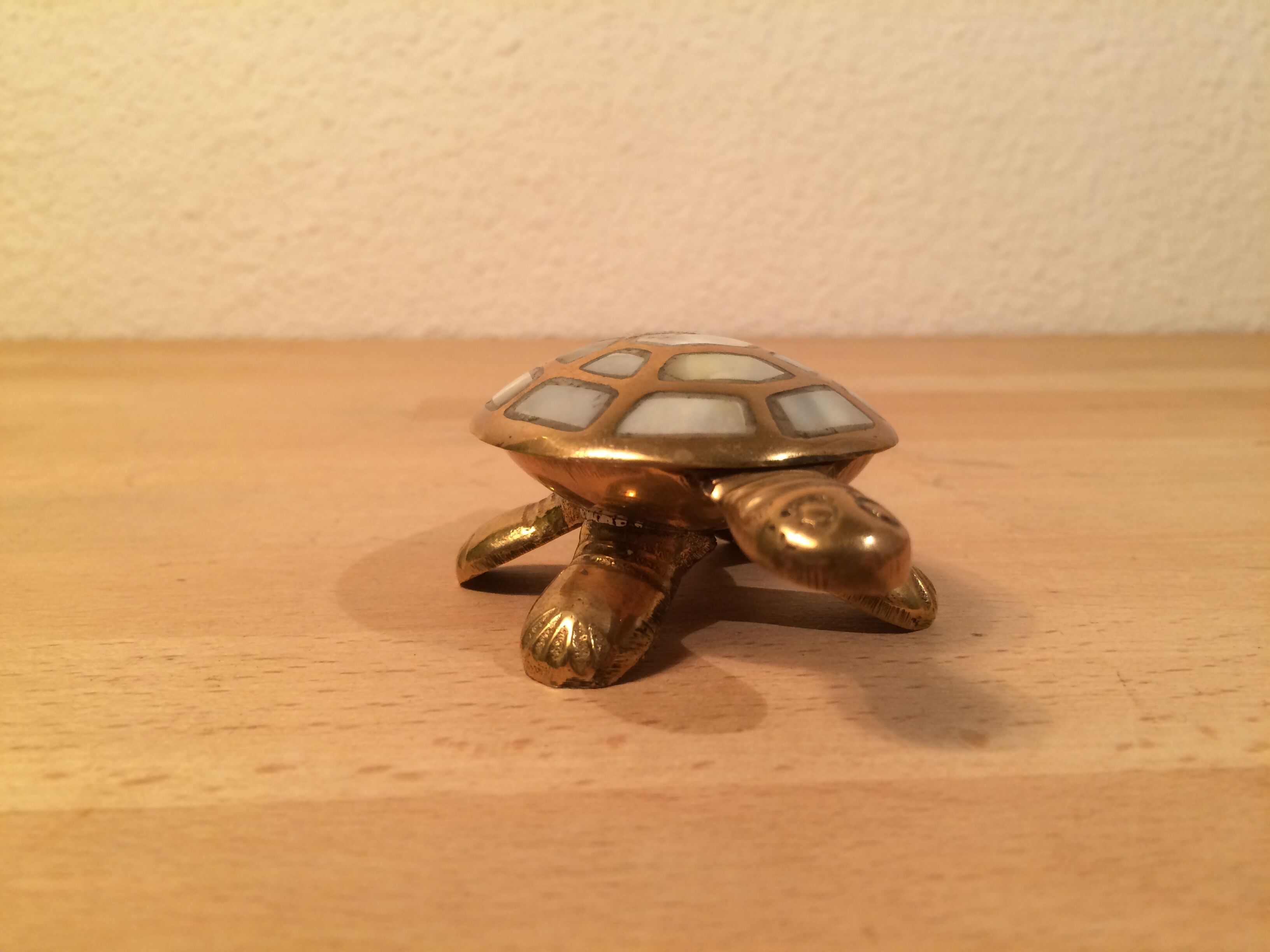 Brass and mother-of-pearl turtle jewelry box