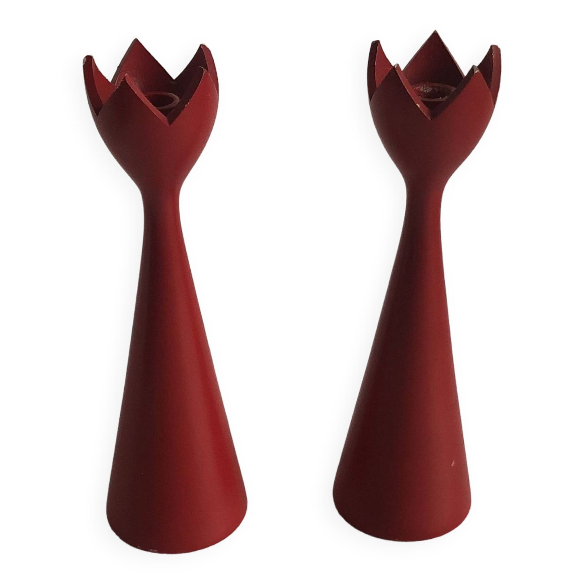 pair of Scandinavian painted wooden candle holders, minimalist atmosphere, free form