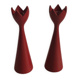 pair of Scandinavian painted wooden candle holders, minimalist atmosphere, free form