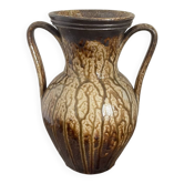 Ancien Vase Amphore Anse Grès Pyrite Vernis Emaillée Coulure Marron