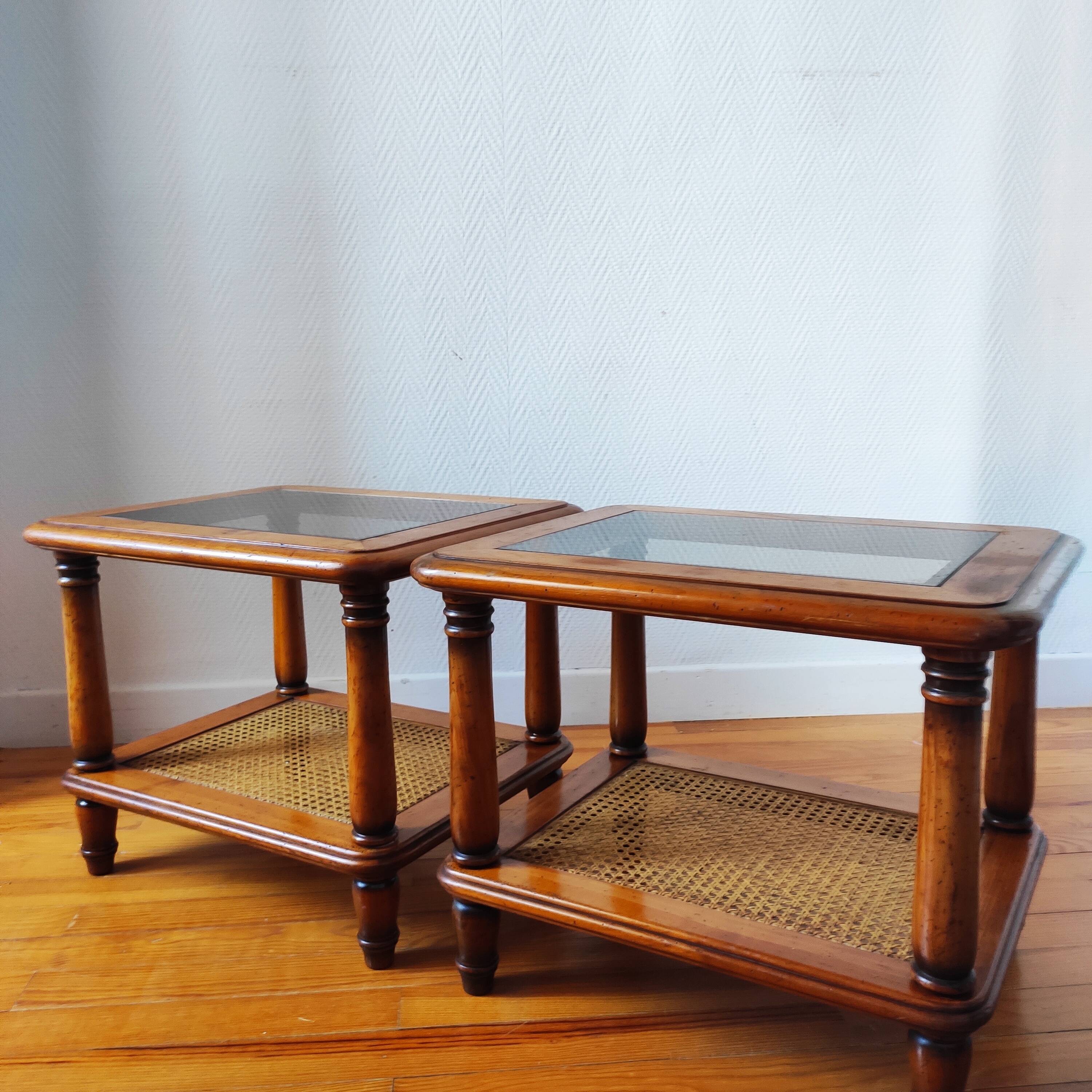 Pair of wooden and cane sofa ends