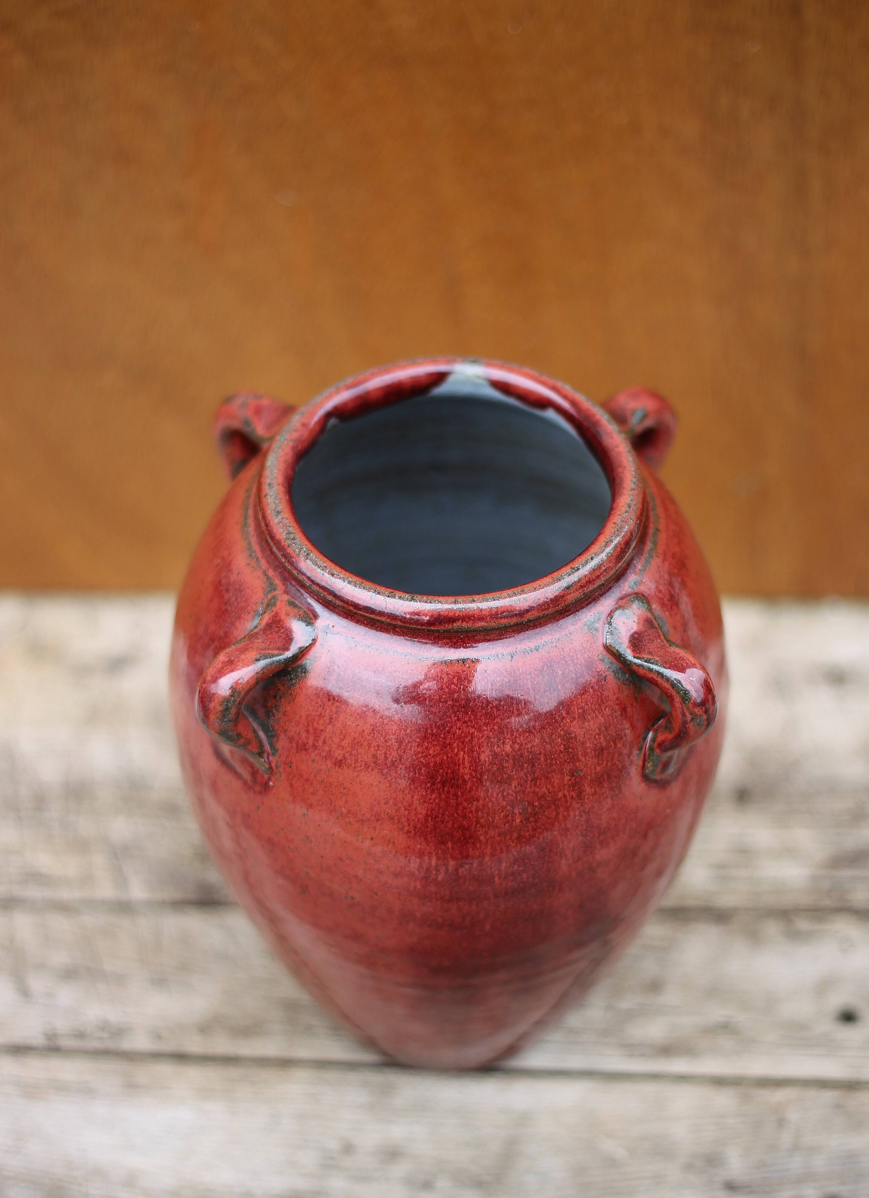 Ox blood red glazed sandstone vase, signed vase, vintage flower pot, vase with handles, collection