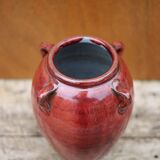 Vase grès vernissé rouge sang de boeuf, vase signé, pot à fleurs vintage, vase à anses, collection