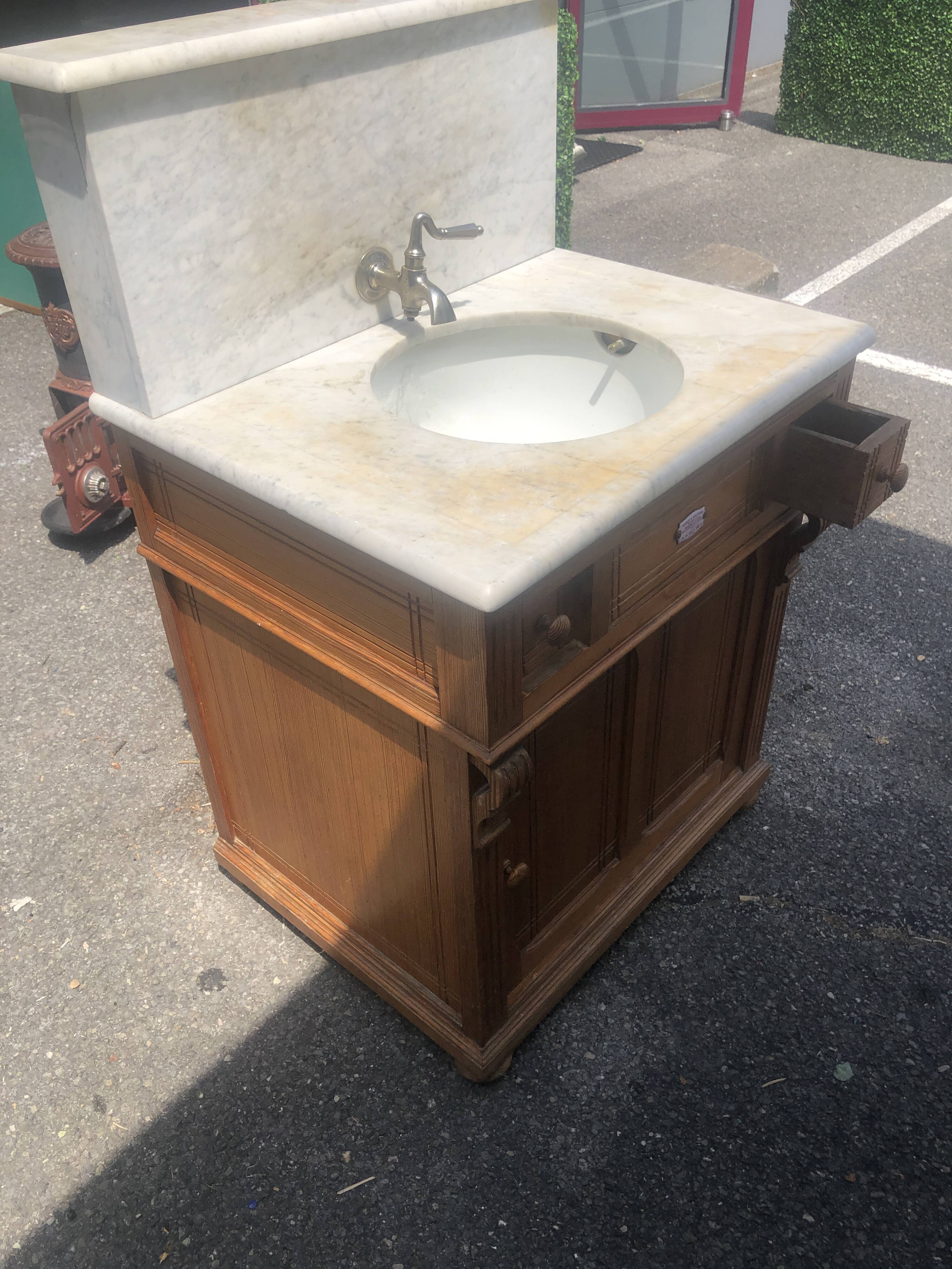 Meuble lavabo ancien Art Nouveau en bois et marbre C. Gervais Lyon