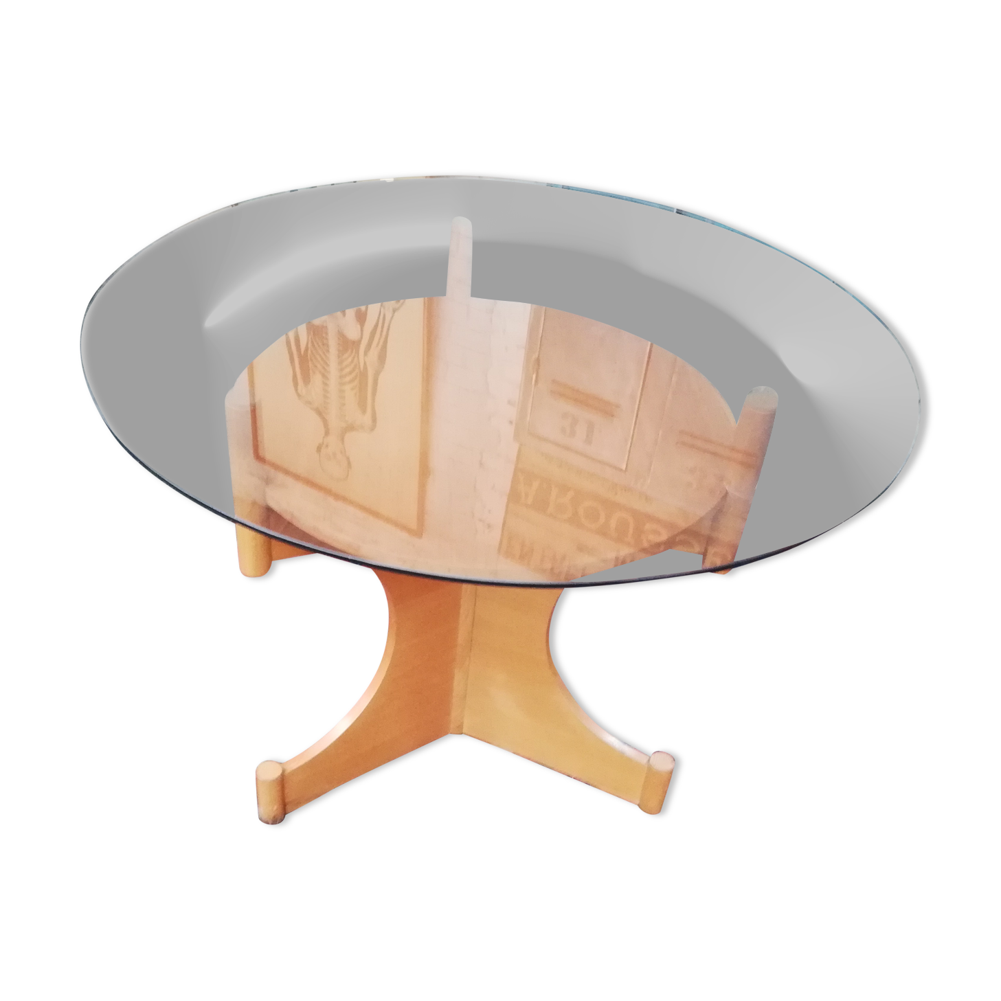 Vintage round wooden table and glass top, Czech, 1960, central leg