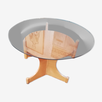 Table ronde vintage en bois et plateau verre, tchèque, 1960, pied central