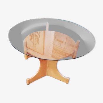 Vintage round wooden table and glass top, Czech, 1960, central leg