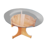 Table ronde vintage en bois et plateau verre, tchèque, 1960, pied central