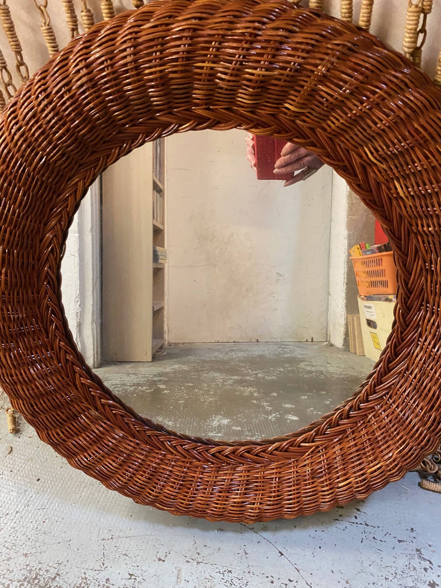 Old vintage round braided wicker mirror 1970s